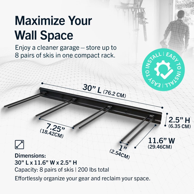 StoreYourBoard Ski Rack Wall Mount â€“ Heavy-Duty Steel Ski Wall Mount Holds Up to 8 Pairs of Skis, Space-Saving Ski Rack for Garage, Home, or Cabin â€“ Durable Wall Storage Organizer - Holds Up to 200lb - Image 3